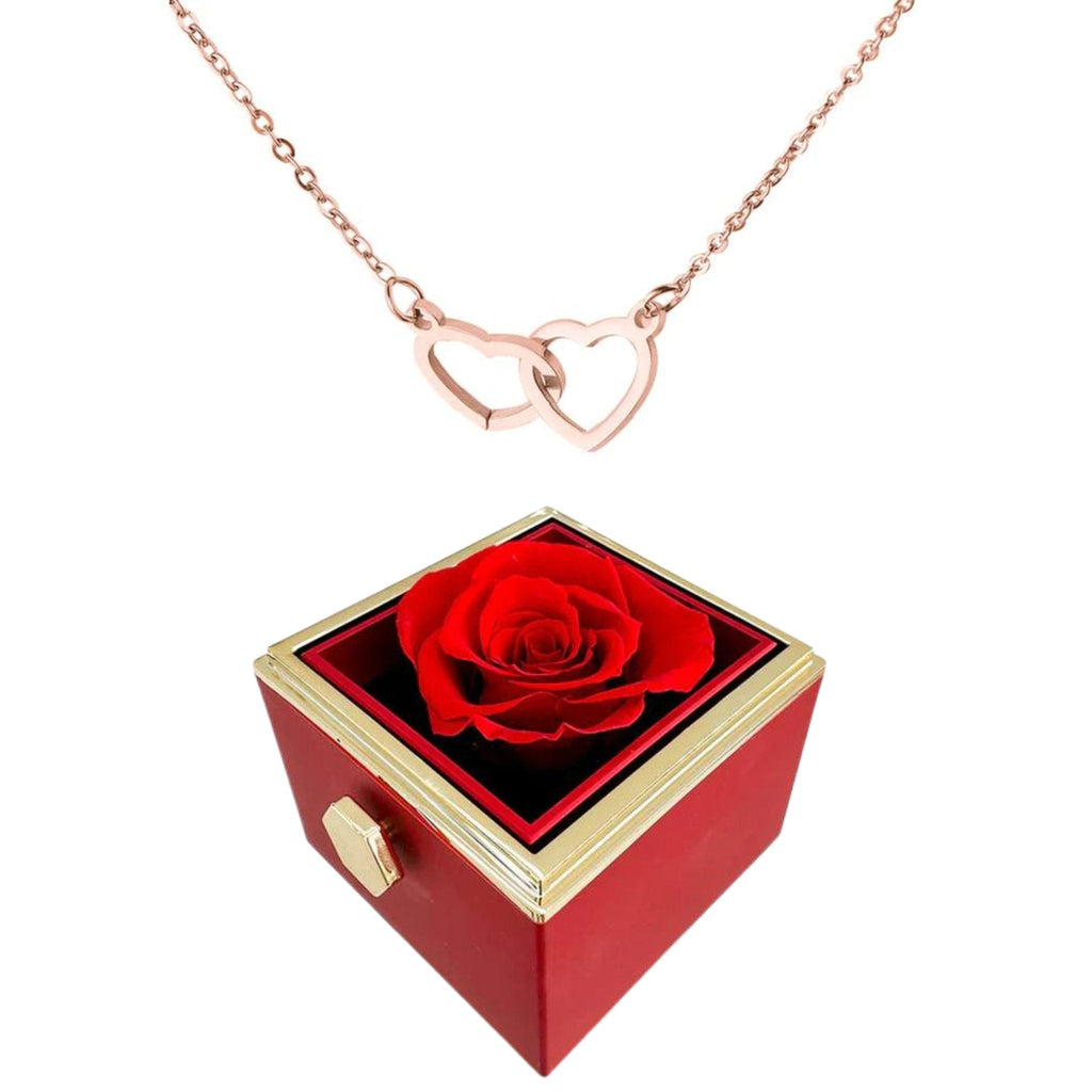 Boîte à roses rotatives Eternally Preserved - avec collier en forme de coeur gravé