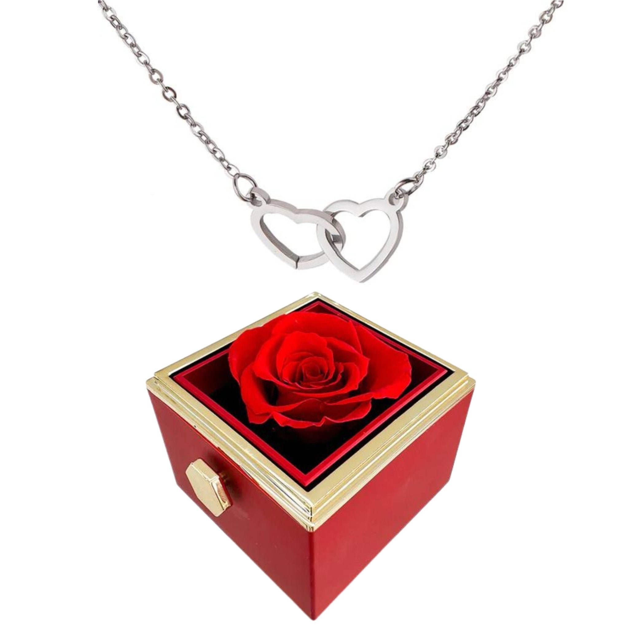 Boîte à roses rotatives Eternally Preserved - avec collier en forme de coeur gravé